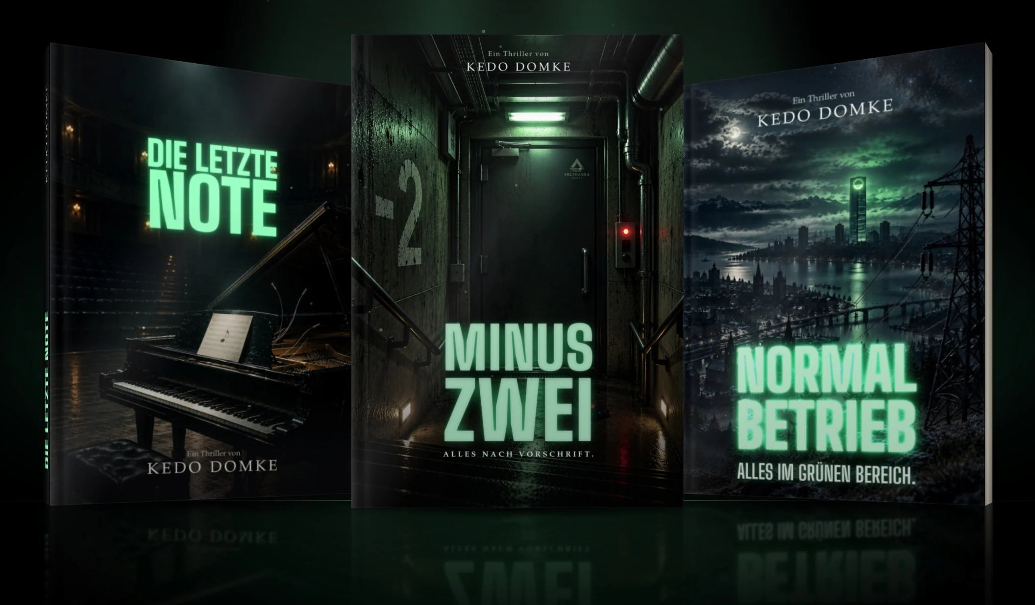 Die drei Bücher Die letzte Note, Minus zwei und Normalbetrieb nebeneinander auf schwarzem Grund, darunter ihre Spiegelung